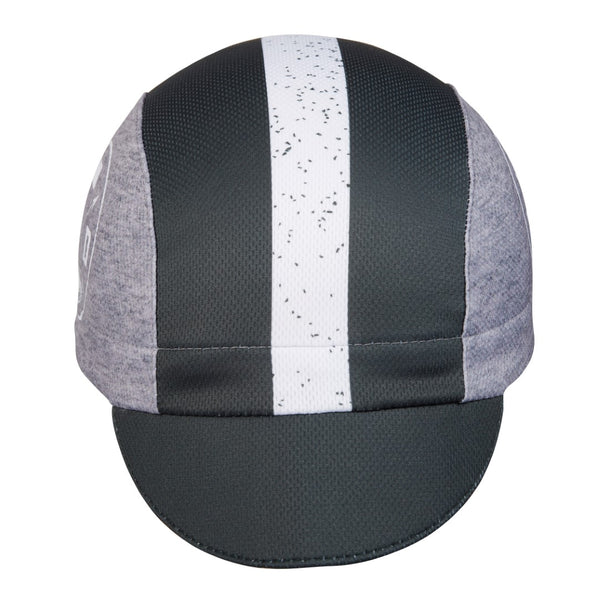 North Dakota Technical 3-Panel Cycling Cap.  Black and gray cap with white stripe and ND icons on side.  Front view.