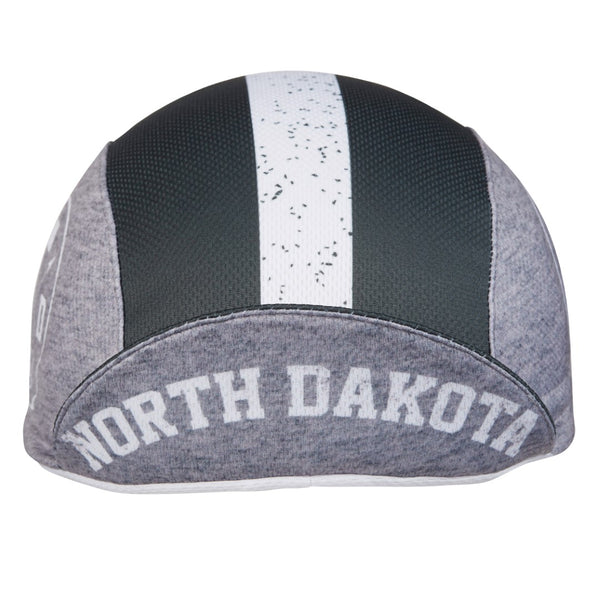 North Dakota Technical 3-Panel Cycling Cap.  Black and gray cap with white stripe and NORTH DAKOTA text under brim.  Brim up front view.