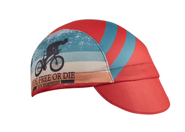 New Hampshire Technical 3-Panel Cycling Cap.  Red cap with blue stripes and RIDE FREE OR DIE cyclist graphic on side.  Angled view.