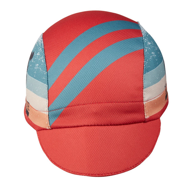 New Hampshire Technical 3-Panel Cycling Cap. Red cap with blue stripes and RIDE FREE OR DIE cyclist graphic on side. Front view.