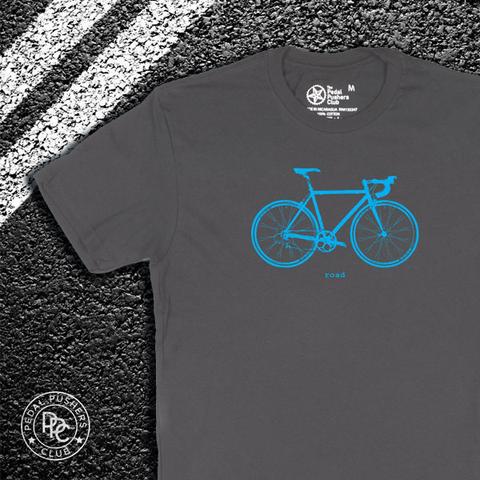 Gray t-shirt with blue bike and text: "road"