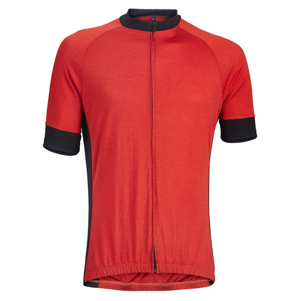 Flare Red Merino Wool Short Sleeve Jersey with black accents on the cuffs, neck, and sides.  Front view.