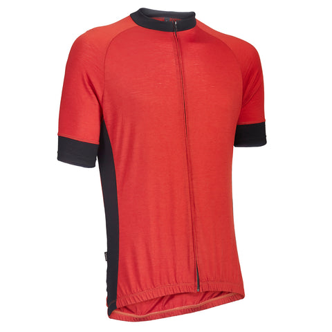 Flare Red Merino Wool Short Sleeve Jersey with black accents on the cuffs, neck, and sides.  Angled view.