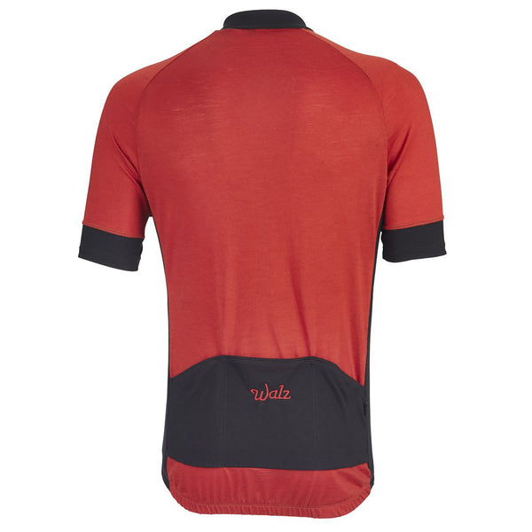 Flare Red Merino Wool Short Sleeve Jersey with black accents on the cuffs, neck, back-pocket and sides.  Back view.