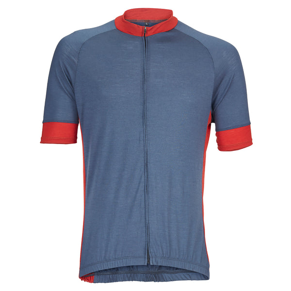 Airforce Blue Merino Short-Sleeve Jersey with red accents on cuffs, neck, and sides.  Front view.