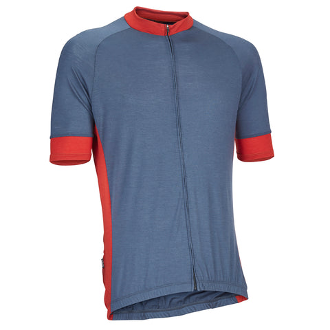 Airforce Blue Merino Short-Sleeve Jersey with red accents on cuffs, neck, and sides.  Angled view.