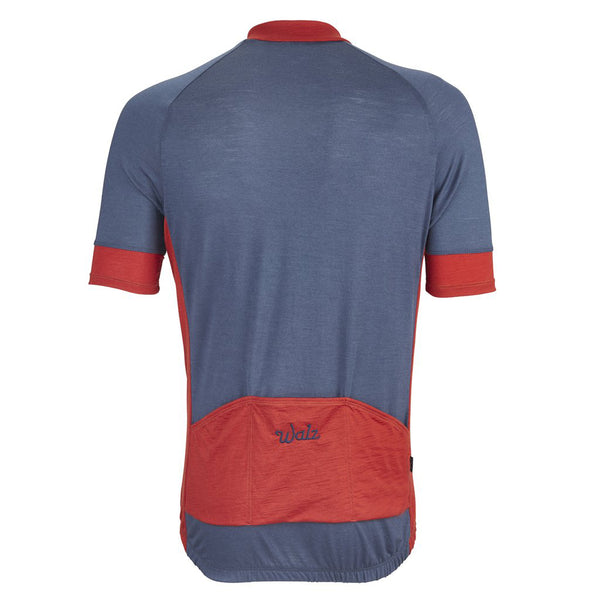 Airforce Blue Merino Short-Sleeve Jersey with red accents on cuffs, neck, back pocket and sides.  Back view.
