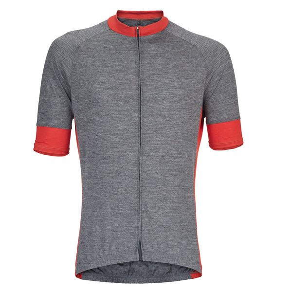 Gull Gray Merino Wool Short-Sleeve Jersey with red accents on the cuffs, neck, and sides.  Front view.