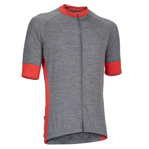 Gull Gray Merino Wool Short-Sleeve Jersey with red accents on the cuffs, neck, and sides.  Angled view.
