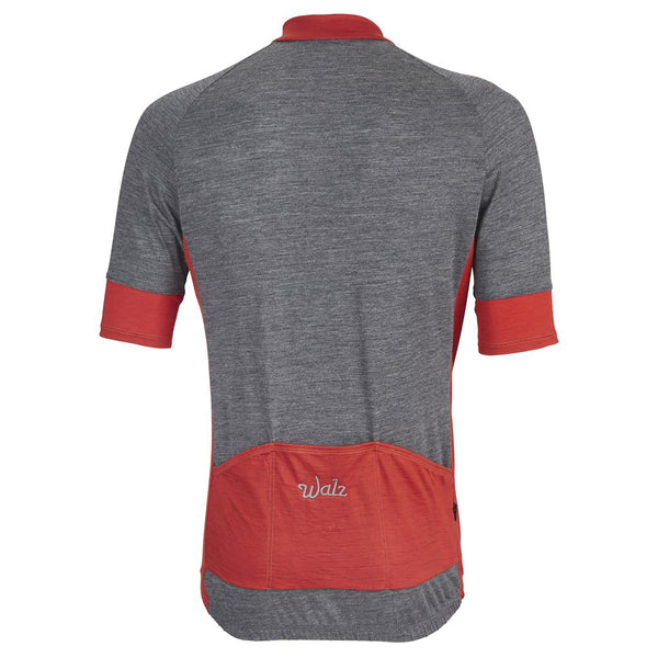 Gull Gray Merino Wool Short-Sleeve Jersey with red accents on the cuffs, neck, back pocket, and sides.  Back view.