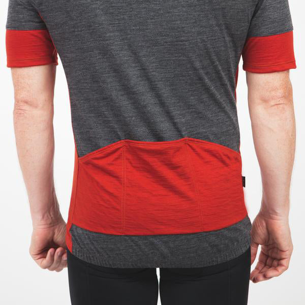 Gull Gray Merino Wool Short-Sleeve Jersey with red accents on the cuffs, back pocket, and sides.  Zoomed-in back view.