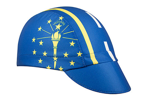 Indiana Technical 3-Panel Cycling Cap.  Blue cap with yellow and white stripes and Indiana torch imagery.  Angled view.