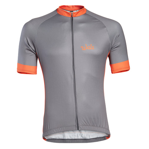 Short-Sleeve Gray Technical Jersey with orange accents on neck, cuffs, and sides.  Front view.