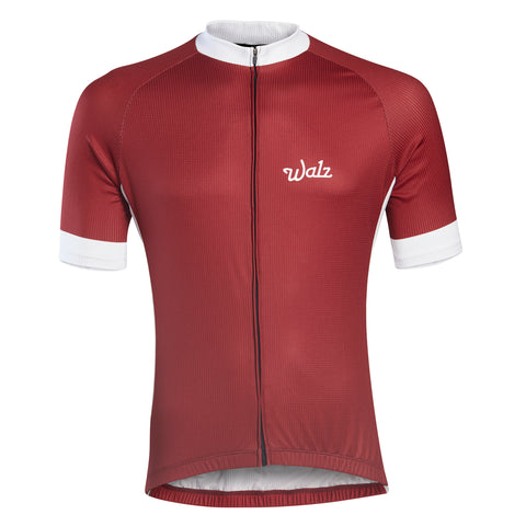 Red short-sleeve technical jersey with white accents on neck, cuffs, and sides.  Front view.