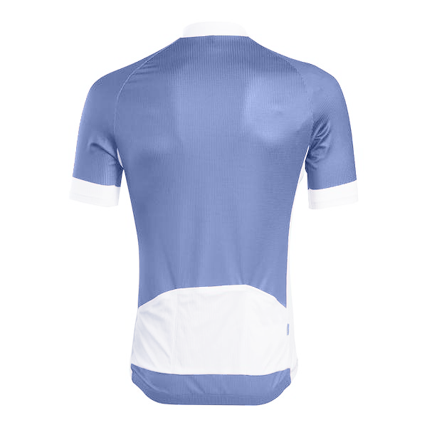Light Blue short sleeve jersey with white accents on the neck, cuffs, back pocket, and sides.  Back view.