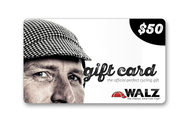 Front view of gift card.  Close-up of man's face wearing the herringbone cap.  Text: gift card, Walz, $50
