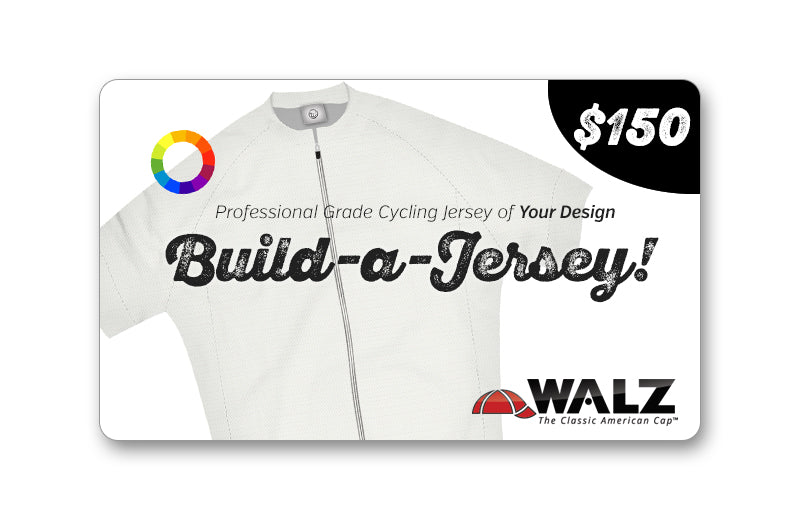 Front view of gift card. Blank jersey with color wheel.. Text: Build-A-Jersey, Walz, $150