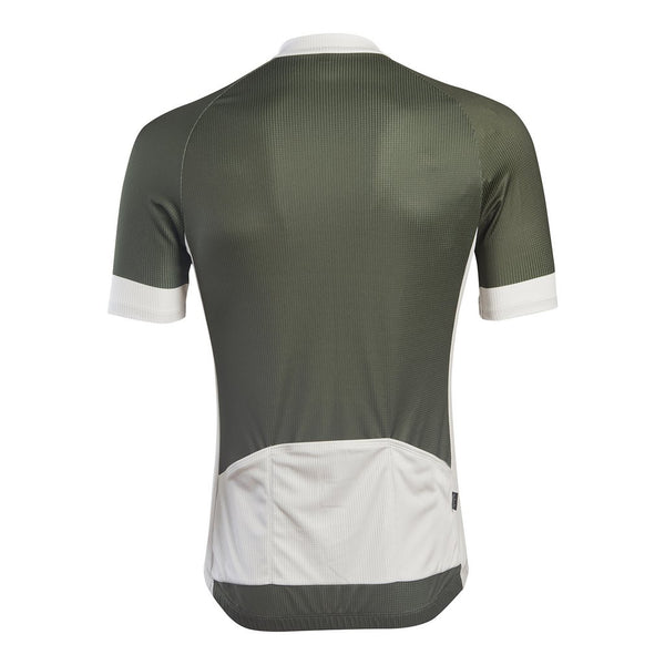 Short-sleeve green technical jersey with white accents on cuffs, neck, back pocket, and sides.  Back view.