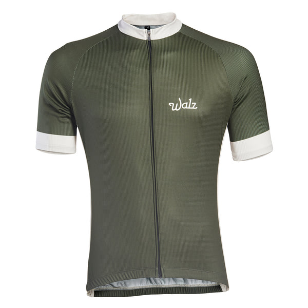 Short-sleeve green technical jersey with white accents on cuffs, neck, and sides.  Front view.