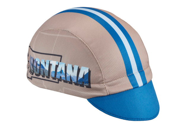 Montana Technical 3-Panel Cycling Cap.  Gray and blue cap with blue and white stripes and MONTANA text on the side.  Angled view.
