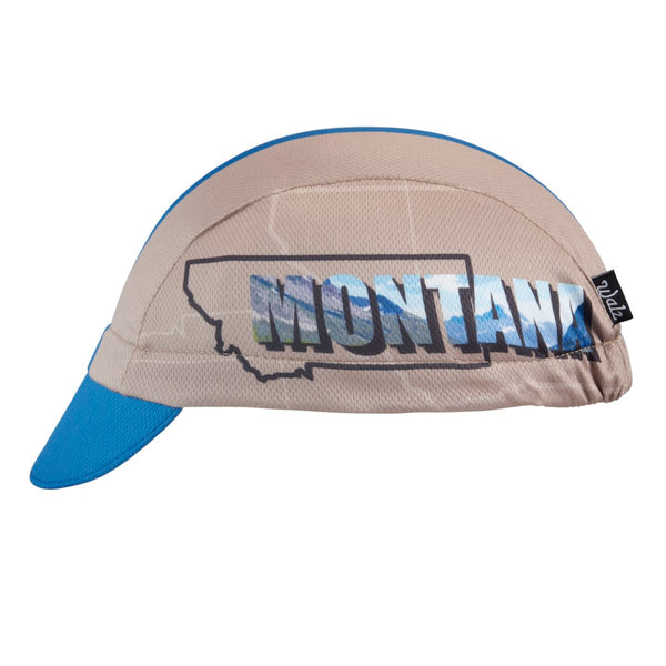 Montana Technical 3-Panel Cycling Cap.  Gray and blue cap with blue and white stripes and MONTANA text on the side.  Side view.
