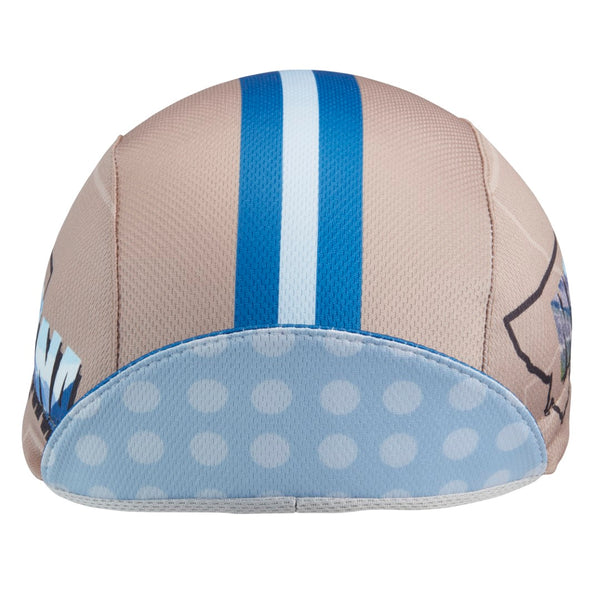 Montana Technical 3-Panel Cycling Cap.  Gray and blue cap with blue and white stripes and light blue polka dots under brim.  Brim up front view.