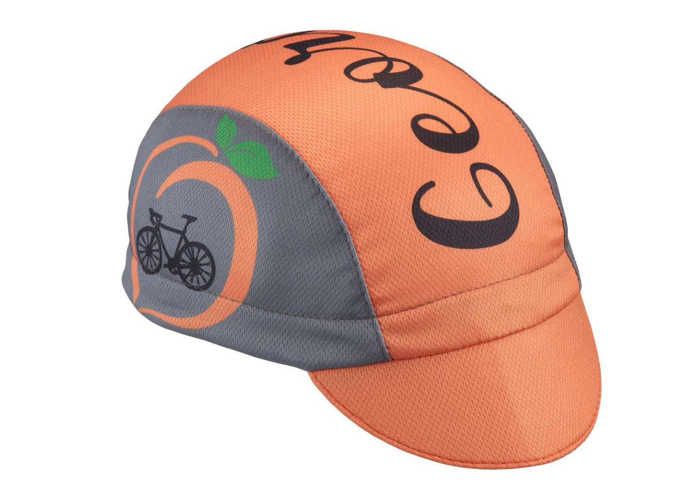 Georgia Technical 3-Panel Cycling Cap. Orange and gray cap with Georgia text on top and peach and bike icons on the side.  Angled view.