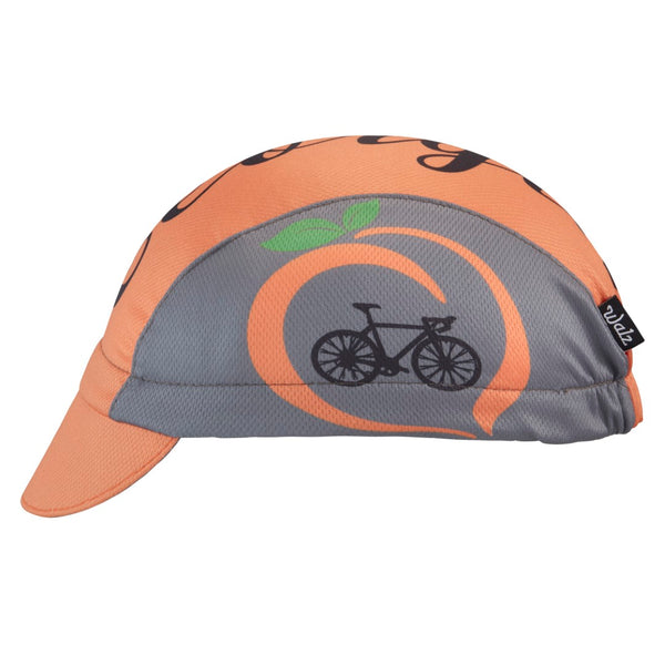 Georgia Technical 3-Panel Cycling Cap. Orange and gray cap with Georgia text on top and peach and bike icons on the side.  Side view.