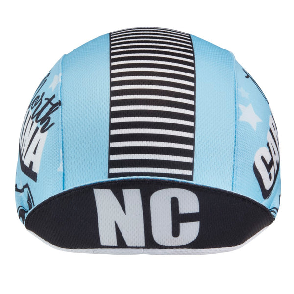 North Carolina Technical 3-Panel Cycling Cap.  Baby blue cap with black and white stripes on top and NC text under brim.  Brim up front view.