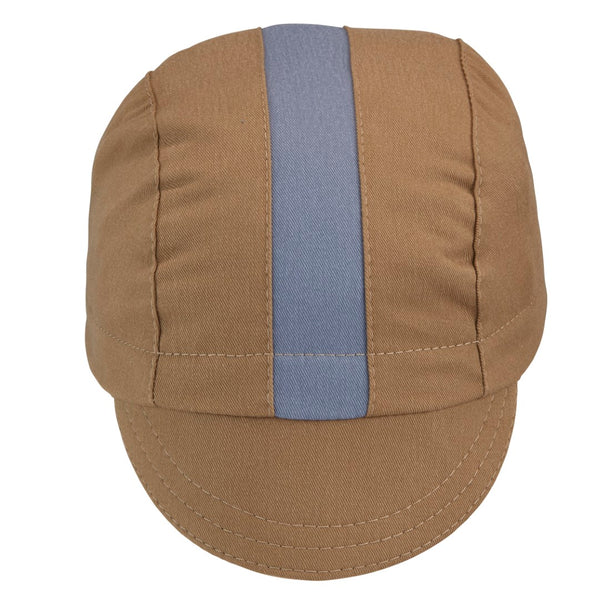 Khaki/Cool River Cotton Stripe 3-Panel Cycling Cap.  Front view.