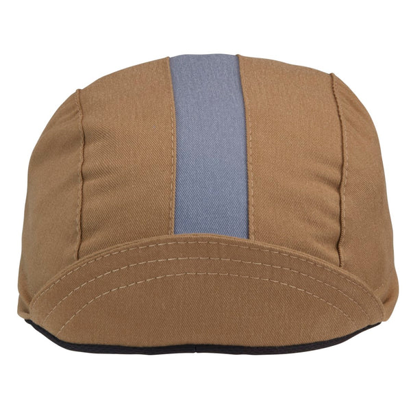 Khaki/Cool River Cotton Stripe 3-Panel Cycling Cap.  Brim up front view.