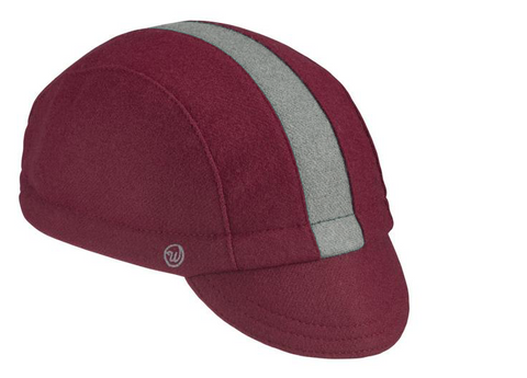 Maroon/Grey Stripe Wool 3-Panel Cap.  Angled View.