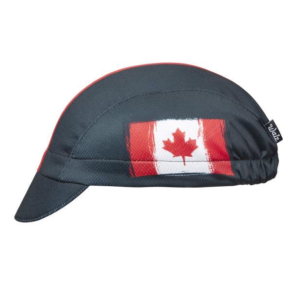 Canada 3-Panel Technical Cycling Cap.  Black cap with red and white stripes and Canadian flag.  Side view.
