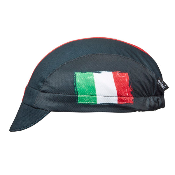 Italy Technical 3-Panel Cycling Cap.  Black cap with red, white, and green stripes and Italian flag on the side.  Side view.