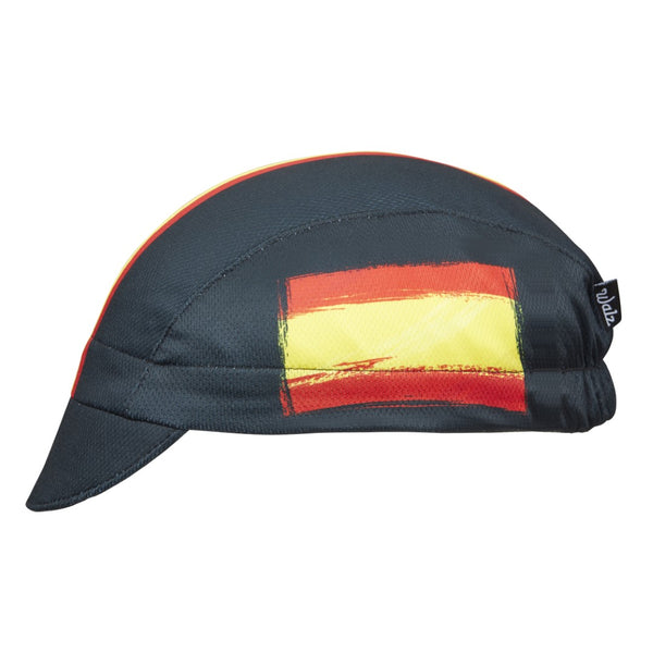Spain Technical 3-Panel Cycling Cap. Black cap with red and yellow stripes and Spanish flag on side.  Side view.
