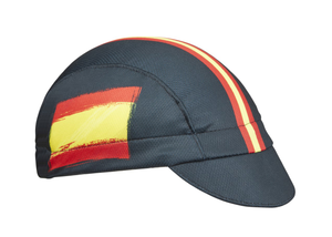 Spain Technical 3-Panel Cycling Cap. Black cap with red and yellow stripes and Spanish flag on side.  Angled view.