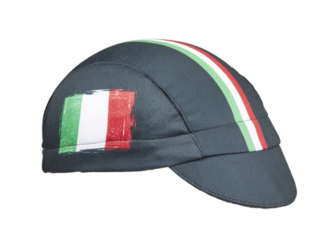 Italy Technical 3-Panel Cycling Cap.  Black cap with red, white, and green stripes and Italian flag on the side.  Angled view.