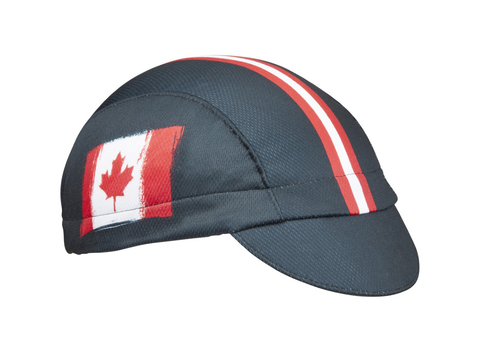 Canada 3-Panel Technical Cycling Cap.  Black cap with red and white stripes and Canadian flag.  Angled view.
