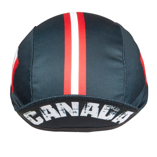 Canada 3-Panel Technical Cycling Cap.  Black cap with red and white stripes and Canada text under brim.  Brim up front view.