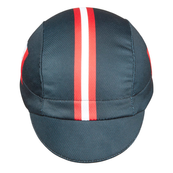 Canada 3-Panel Technical Cycling Cap.  Black cap with red and white stripes and Canadian flag.  Front view.
