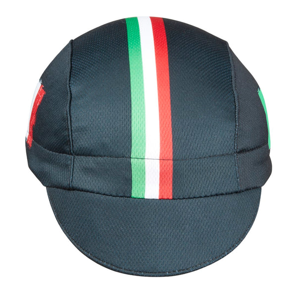 Italy Technical 3-Panel Cycling Cap.  Black cap with red, white, and green stripes and Italian flag on the side.  Front view.