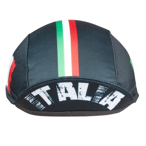 Italy Technical 3-Panel Cycling Cap.  Black cap with red, white, and green stripes and ITALIA flag under brim.  Brim up front view.