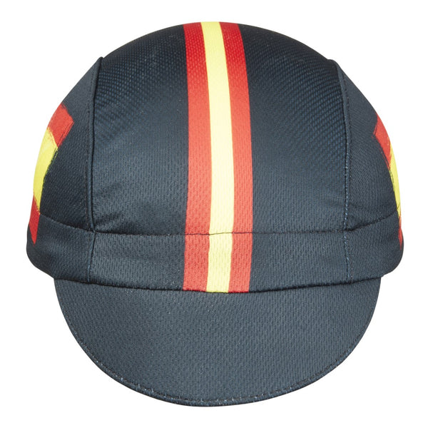 Spain Technical 3-Panel Cycling Cap. Black cap with red and yellow stripes and Spanish flag on side.  Front view.