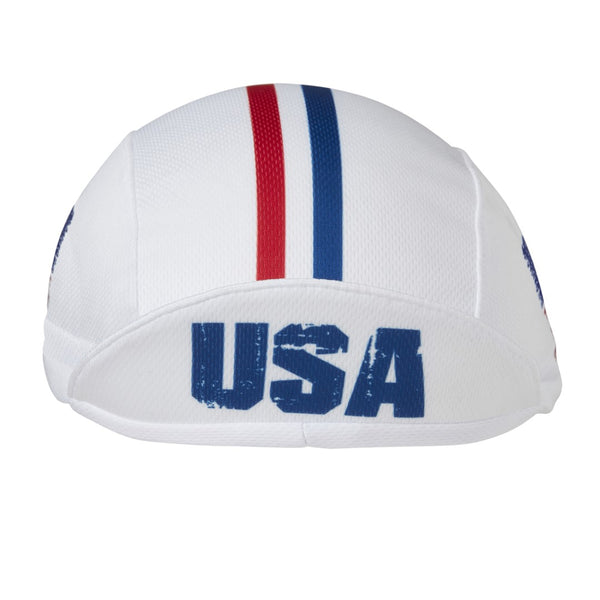 USA Technical 3-Panel Cycling Cap.  White cap with red white and blue stripes on top.  USA text under brim.  Brim up front view.