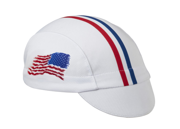 USA Technical 3-Panel Cycling Cap.  White cap with red white and blue stripes on top.  American flag sketch on side.  Angled view.