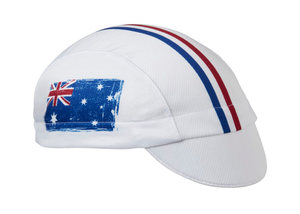 Australia Technical 3-Panel Cycling Cap.  White cap with blue and red stripes and Australian flag on the side.  Angled view.