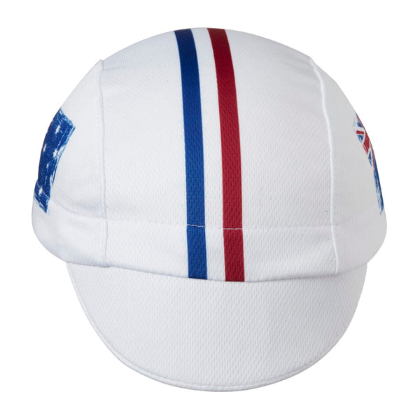 Australia Technical 3-Panel Cycling Cap.  White cap with blue and red stripes and Australian flag on the side.  Front view.