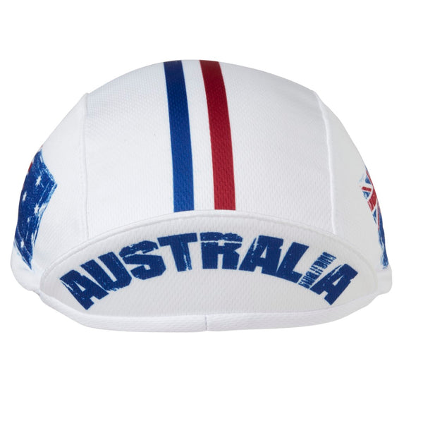 Australia Technical 3-Panel Cycling Cap.  White cap with blue and red stripes and Australia text on underside of brim.  Brim up front view.