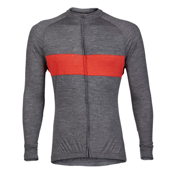 Gull Gray Merino Wool Long Sleeve Jersey with red stripe across the chest.  Front view.