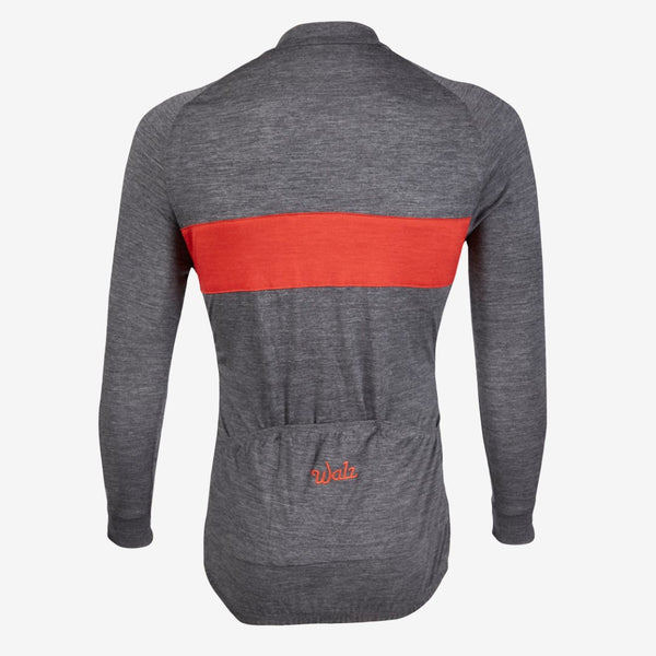 Gull Gray Merino Wool Long Sleeve Jersey with red stripe across the chest.  Back view.